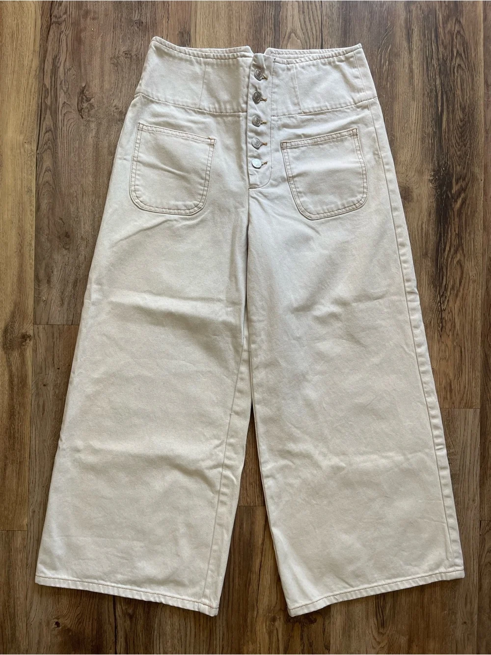 Free People Cream High-Waist Wide Leg Jeans